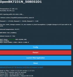 Screenshot of the configuration panel for the OpenBK7231N device, displaying parameters like temperature, humidity, and network settings.