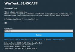 Screenshot of the command line tool named WinTest_3145CAFF displaying the result of the TimeSize command.