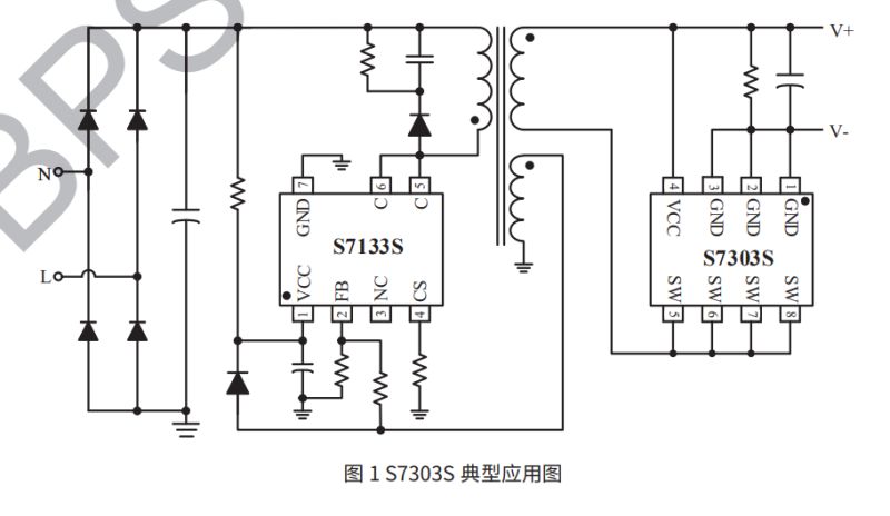 Flyback power supply schematic with S7133S and S7303S and transformer