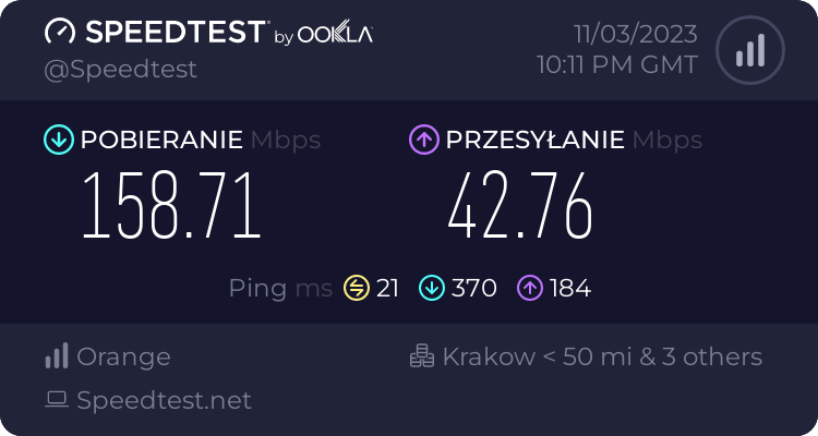Wynik testu prędkości połączenia internetowego w sieci Orange.