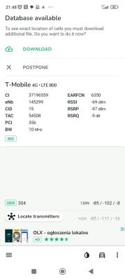 Zrzut ekranu aplikacji z danymi sieci T-Mobile 4G LTE 800.