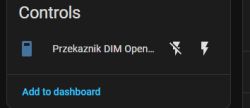 “Controls” card with a toggle labeled “Przekaźnik DIM Open…” plus mute and lightning icons