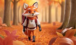Fox in Autumn Forest Illustration of a fox with a backpack walking through an autumn forest.
