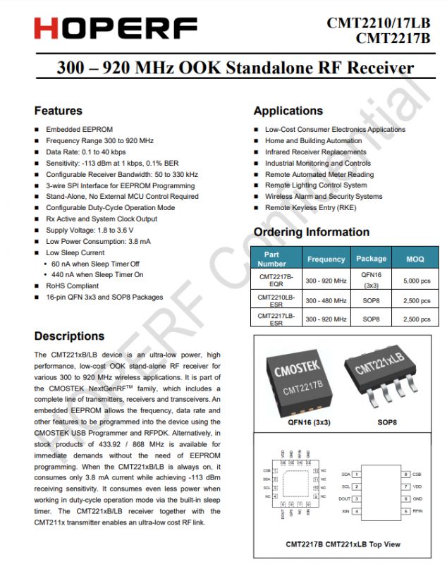 CMT2210/17LB RF Receiver Specifications Technical specifications for the Hoperf CMT2210/17LB RF receiver.