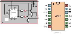 Schemat układu z CD4013 i tranzystorami BC547C oraz pinout układu CD4013