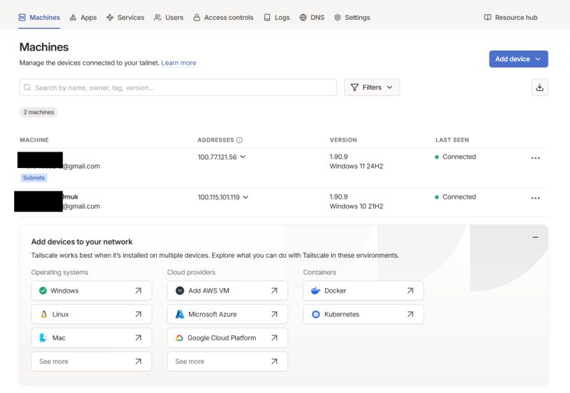 Tailscale panel showing two connected devices with IP addresses and OS versions.