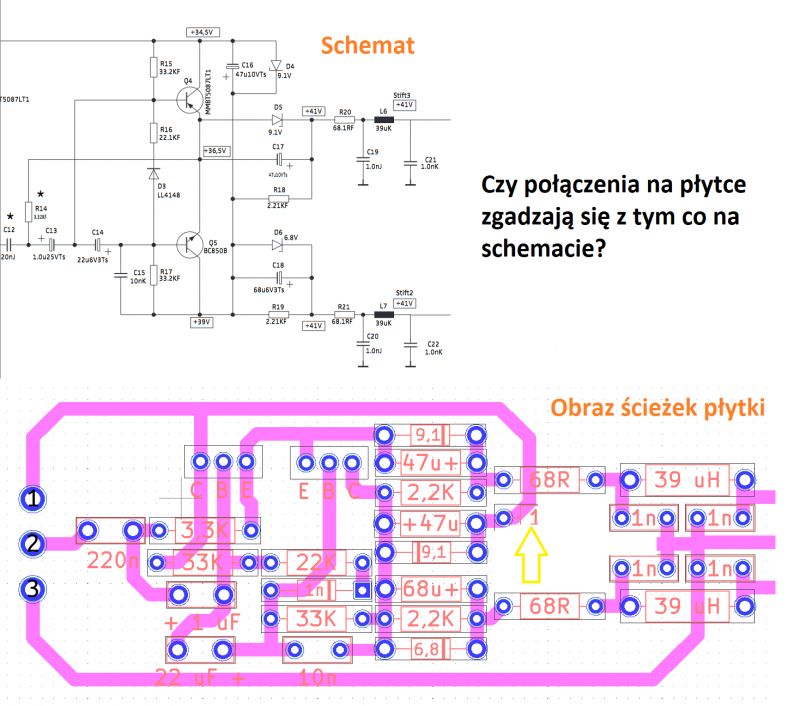 Schemat elektroniczny z zaznaczoną na żółto strzałką prowadzącą do zanikającego elementu.