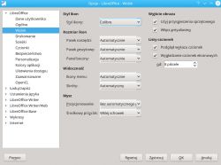 Zrzut ekranu ustawień widoku w LibreOffice na Debianie z interfejsem KDE.