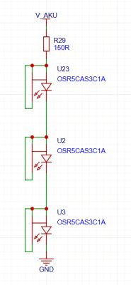 Schemat zasilania 3 diod LED z rezystorem 150 Ω z akumulatora Schemat: trzy czerwone diody LED OSR5CAS3C1A szeregowo z rezystorem 150 Ω do V_AKU i masy