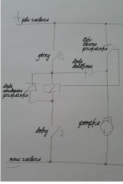 Schemat elektryczny z dwoma czujnikami, przekaźnikiem, pompką i dwiema diodami