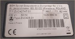 Etykieta techniczna odkurzacza Zelmer ZVC427HT/01 z danymi producenta i parametrami