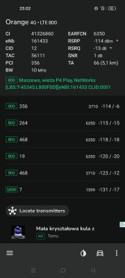 Screenshot aplikacji HManager pokazujący parametry sieci Orange 4G LTE 800 MHz.
