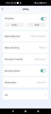 Motion Sensor Light Switch Settings Screenshot of motion sensor light switch settings in a mobile app.