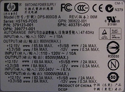 HP Series HSTNS-PD05 model: DPS-800GB A - Spada napięcie +12V