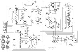 Circuit diagram of a tube amplifier with component labels and connections.