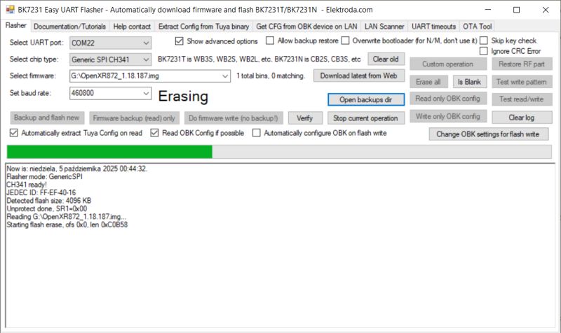 BK7231 Easy UART Flasher interface during flash erase process