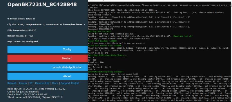 OpenBK7231N web UI with debug info and flash programming console log.