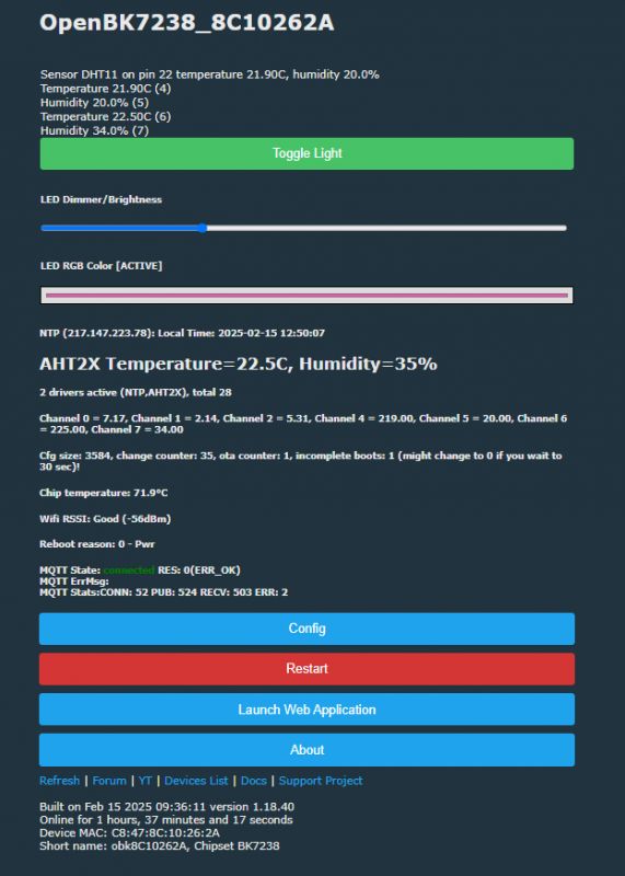 Screenshot of OpenBK7238 interface displaying temperature and humidity data.