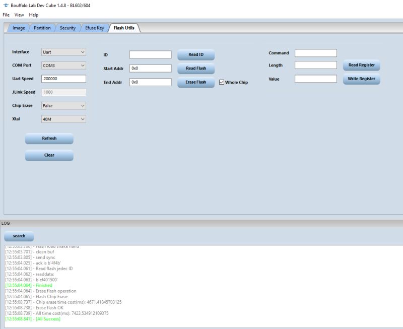 Screenshot of a console displaying detailed startup logs for a Bouffalolab BL602 chip, including Flash partitions, Wi-Fi initialization, and system status messages.