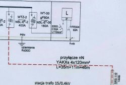 Schemat instalacji elektrycznej z oznaczeniami przewodów i urządzeń zabezpieczających.