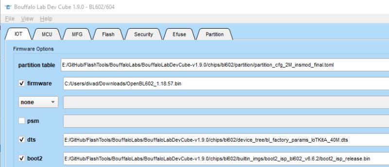 Screenshot of Bouffalo Lab Dev Cube showing firmware configuration paths for BL602