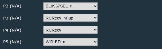 Dropdown menu showing function assignments for pins P2–P5 in user interface