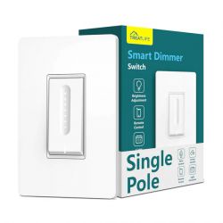 White Treatlife smart dimmer switch in front of packaging labeled Smart Dimmer Switch.