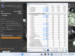 Zrzut ekranu z Cinebench R15 i HWiNFO z wynikami CPU i temperaturami rdzeni