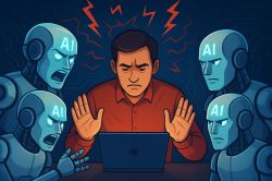 Mężczyzna przy laptopie, otoczony przez cztery roboty AI wyrażające sprzeczne opinie, z zaniepokojoną miną i gestem stop.