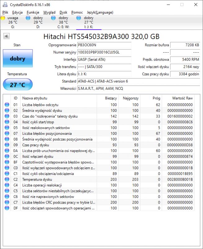 CrystalDiskInfo Screenshot for Hitachi HTS545032B9A300 Screenshot of CrystalDiskInfo showing details of the Hitachi HTS545032B9A300 drive.
