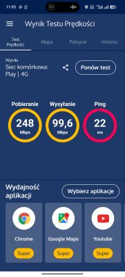 Ekran aplikacji z wynikiem testu prędkości internetu w sieci Play 4G: pobieranie 248 Mbps, wysyłanie 99,6 Mbps, ping 22 ms.