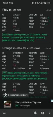 Zrzut ekranu aplikacji prezentujący parametry sygnału sieci LTE od operatorów Play i Orange z nadajników w Środzie Wielkopolskiej.