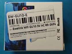 Label with barcode on EW-GU10-E light bulb box showing WiFi and voltage info.