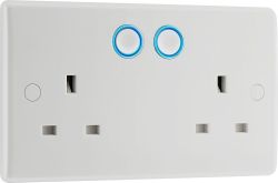White British dual socket outlet with two blue illuminated buttons