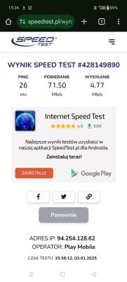 Wynik testu szybkości internetu w aplikacji na telefonie z Ping 26 ms, pobieraniem 71.50 Mb/s i wysyłaniem 4.77 Mb/s.