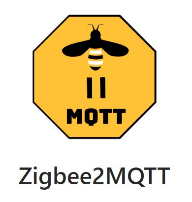 Zigbee2MQTT logo featuring a yellow hexagon with a bee icon and the text Zigbee2MQTT.