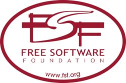 Logo Free Software Foundation w ciemnoczerwonym owalu z napisem i adresem strony.
