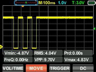 Oscilloscope display with a pulse waveform on a grid background.