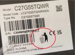 Etykieta monitora modelu C27G55TQWR z oznaczeniem kosza na śmieci.