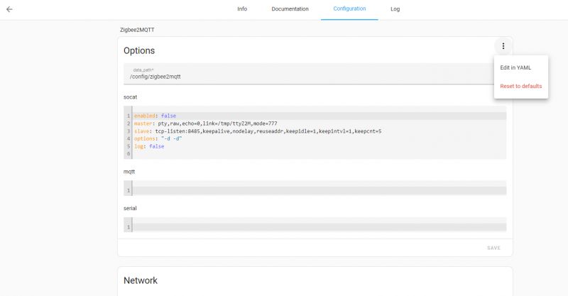 Screenshot of Zigbee2MQTT configuration in Home Assistant with YAML editing