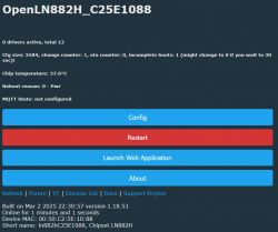 OpenLN882H Device User Interface User interface with device information for OpenLN882H, configuration, restart, and web application launch options.