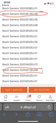 Zrzut ekranu z przeglądarki pokazujący listę modeli pomp Bosch Siemens, z dwoma modelami zaznaczonymi na czerwono.