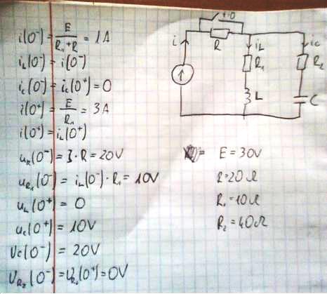 Obliczanie napięć i prądów w chwili t=0- oraz t=0+ w obwodzie z E=30V, R=20, R1=10, R2=40