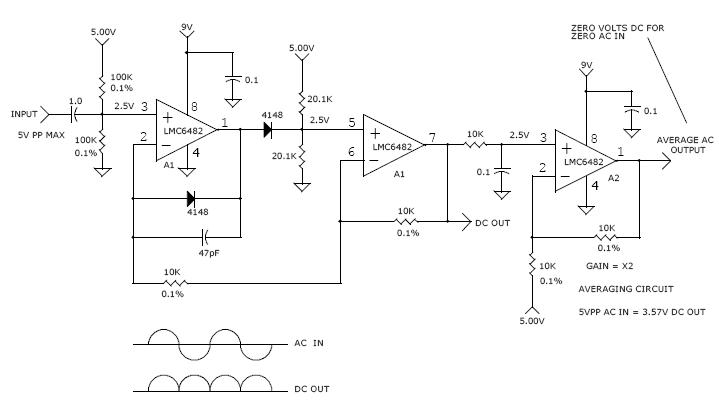 Schemat prostownika AC-DC do woltomierza 50mV–10V, 100Hz–100kHz, AD711 ...