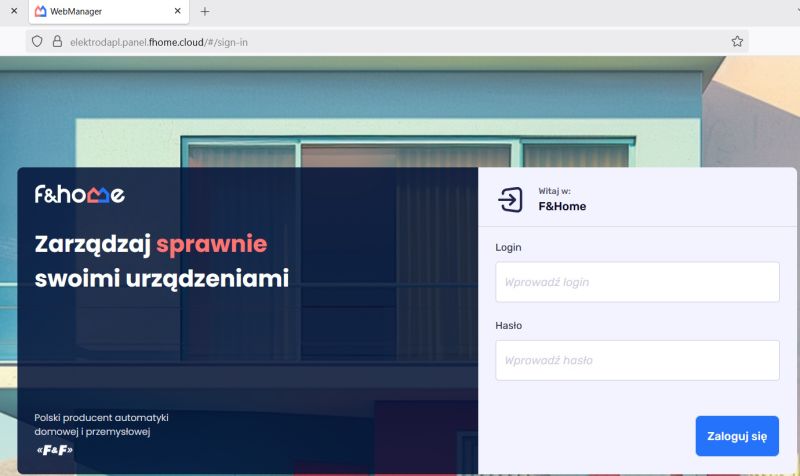 Strona logowania F&amp;Home z formularzem i hasłem reklamowym