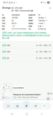 Zrzut ekranu z aplikacji monitorującej sygnał LTE Orange na paśmie 2100 MHz.