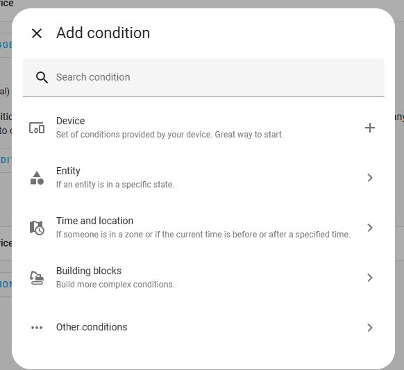 Dialog window for adding a condition in automation.