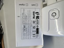 Technical label on power plug device with manufacturer and certification data