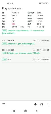 Zrzut ekranu z informacji o połączeniu sieciowym Play 4G LTE-A 2600 z różnymi parametrami sygnału.