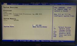 AMI BIOS System Overview screen showing AMD Geode 500 MHz, 487 MB RAM, and system time/date fields.